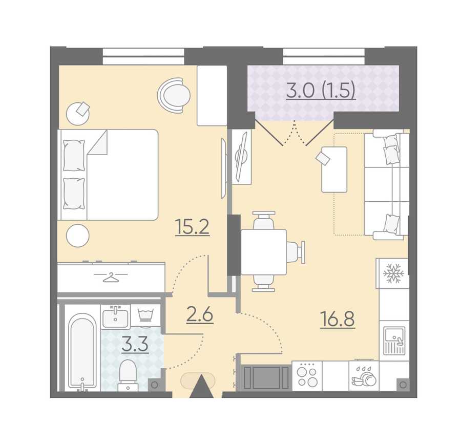 Однокомнатная квартира в : площадь 39.4 м2 , этаж: 6 – купить в Санкт-Петербурге